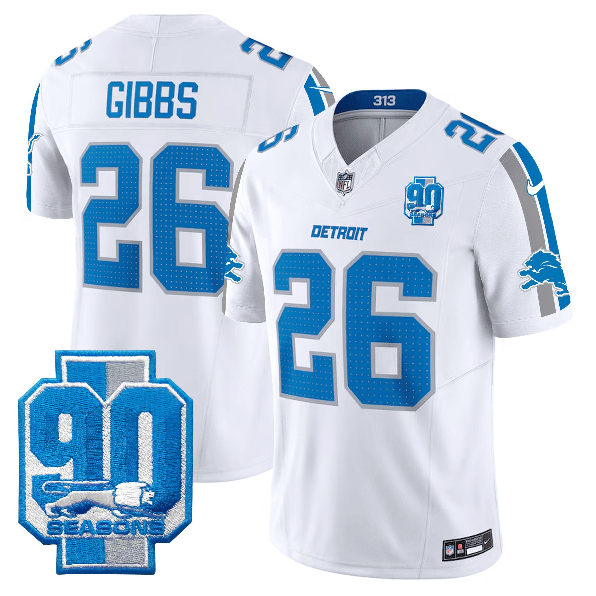 Men Detroit Lions #26 Gibb White 2024 Nike 90th Year Patch Vapor Limited NFL Jersey